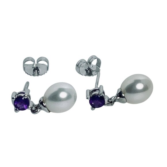 Honora Sterling Silver Freshwater Pearls And Amethyst Rhinestone Earrings (5978) - Picture 7 of 7